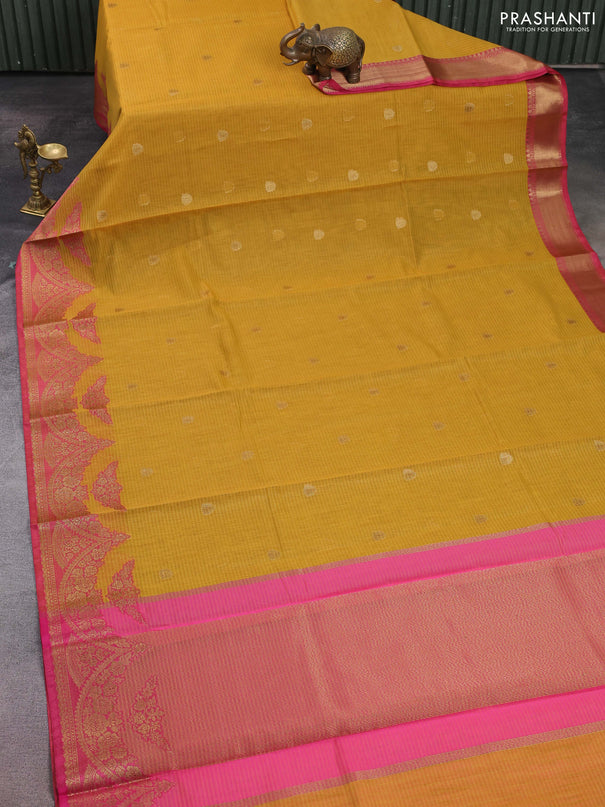 Banarasi semi dupion saree mustard yellow and pink with thread & zari woven buttas and zari woven border