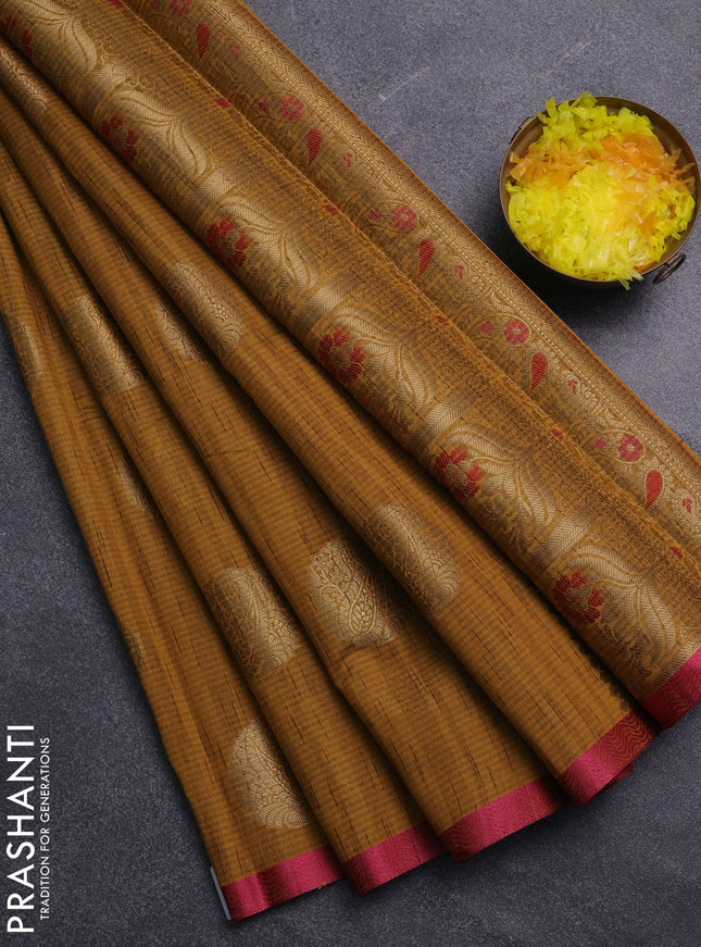 Banarasi semi dupion saree mustard yellow and pink with thread & zari woven buttas and thread woven border