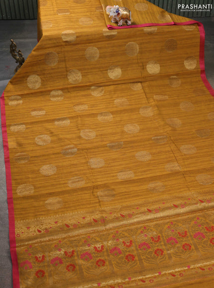 Banarasi semi dupion saree mustard yellow and pink with thread & zari woven buttas and thread woven border