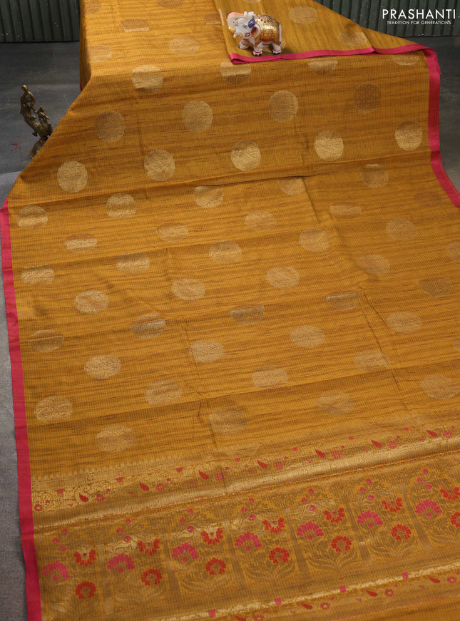 Banarasi semi dupion saree mustard yellow and pink with thread & zari woven buttas and thread woven border
