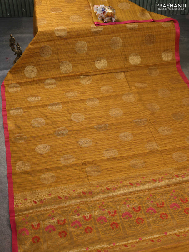 Banarasi semi dupion saree mustard yellow and pink with thread & zari woven buttas and thread woven border