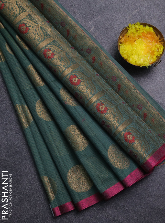Banarasi semi dupion saree green and pink with thread & zari woven buttas and thread woven border