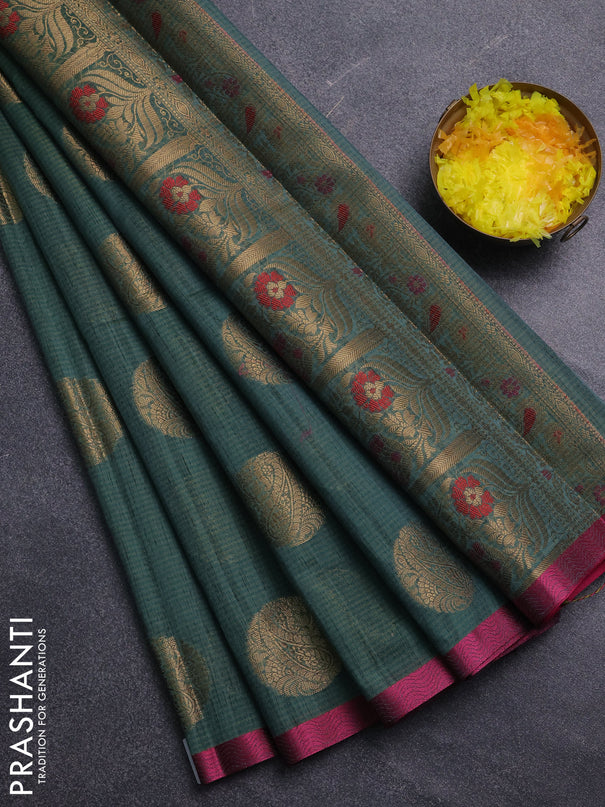 Banarasi semi dupion saree green and pink with thread & zari woven buttas and thread woven border