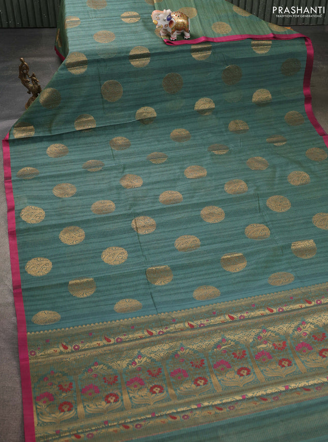 Banarasi semi dupion saree green and pink with thread & zari woven buttas and thread woven border