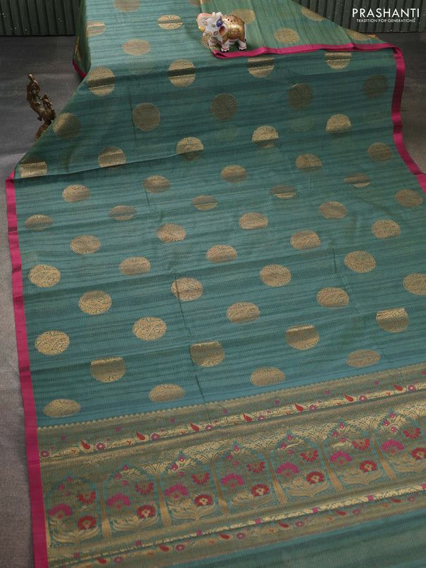 Banarasi semi dupion saree green and pink with thread & zari woven buttas and thread woven border