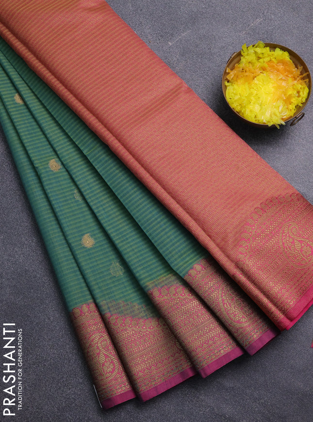 Banarasi semi dupion saree green and pink with thread & zari woven buttas and zari woven border