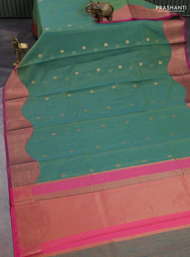 Banarasi semi dupion saree green and pink with thread & zari woven buttas and zari woven border