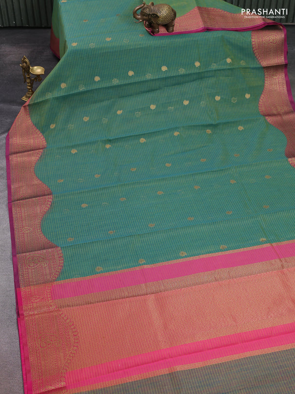 Banarasi semi dupion saree green and pink with thread & zari woven buttas and zari woven border