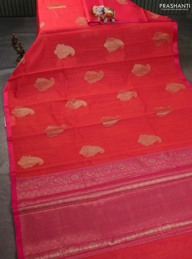 Banarasi semi dupion saree dual shade of pink and pink with paisley zari woven buttas and thread woven border