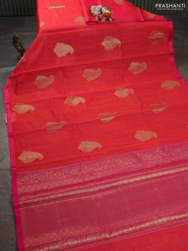 Banarasi semi dupion saree dual shade of pink and pink with paisley zari woven buttas and thread woven border