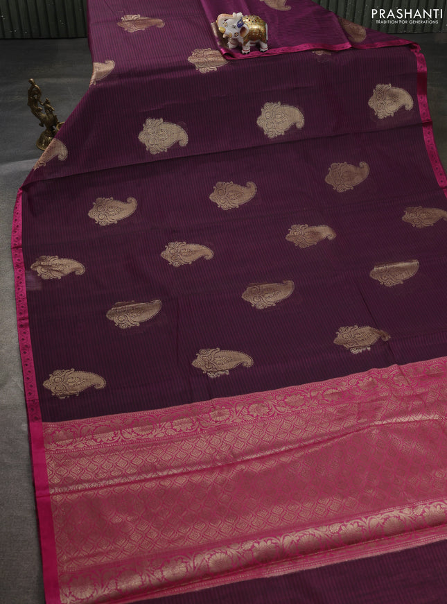 Banarasi semi dupion saree purple and pink with paisley zari woven buttas and thread woven border
