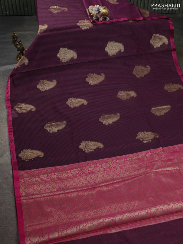 Banarasi semi dupion saree purple and pink with paisley zari woven buttas and thread woven border