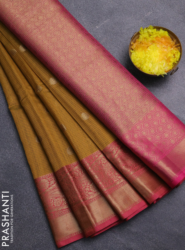 Banarasi semi dupion saree mustard yellow and pink with thread & zari woven buttas and zari woven border