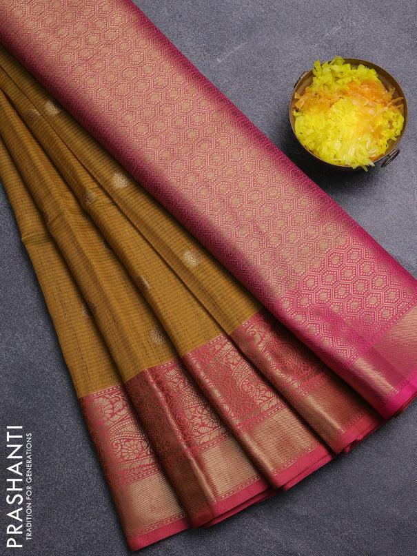 Banarasi semi dupion saree mustard yellow and pink with thread & zari woven buttas and zari woven border