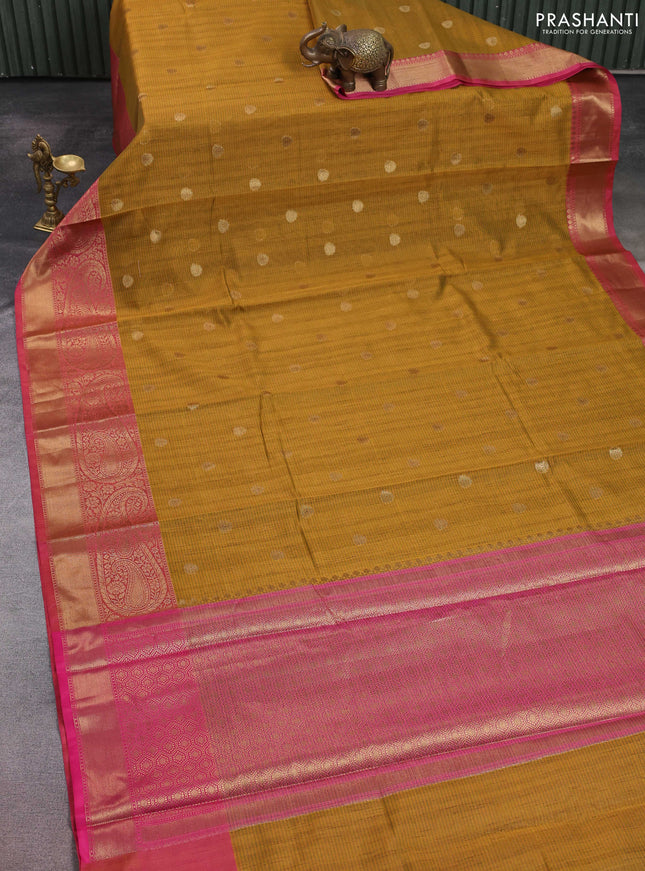 Banarasi semi dupion saree mustard yellow and pink with thread & zari woven buttas and zari woven border