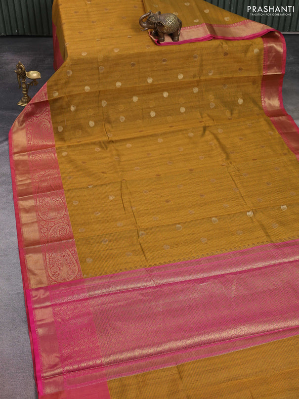 Banarasi semi dupion saree mustard yellow and pink with thread & zari woven buttas and zari woven border