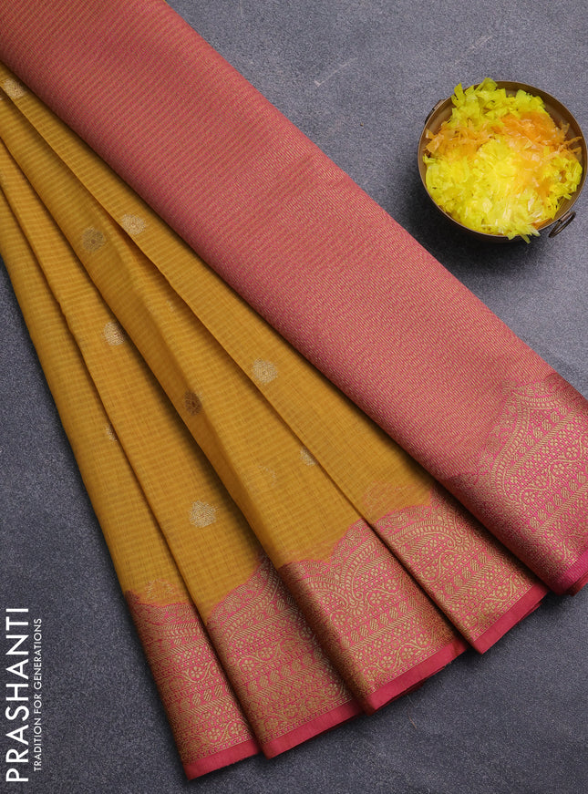 Banarasi semi dupion saree mustard yellow and pink with thread & zari woven buttas and zari woven border