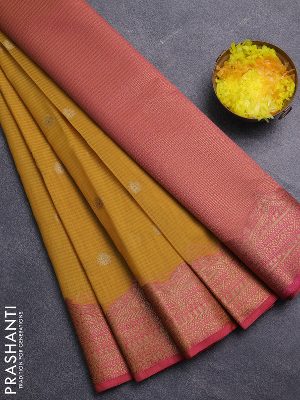Banarasi semi dupion saree mustard yellow and pink with thread & zari woven buttas and zari woven border