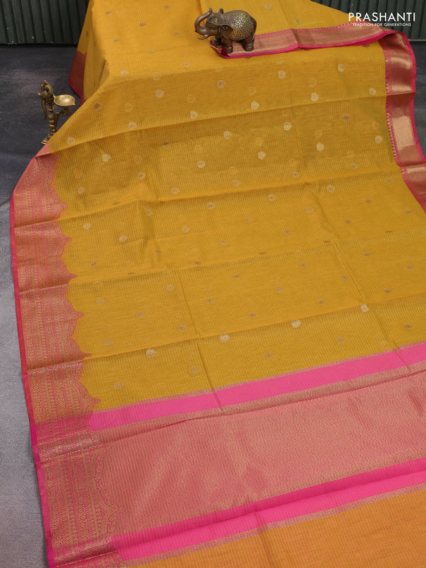 Banarasi semi dupion saree mustard yellow and pink with thread & zari woven buttas and zari woven border
