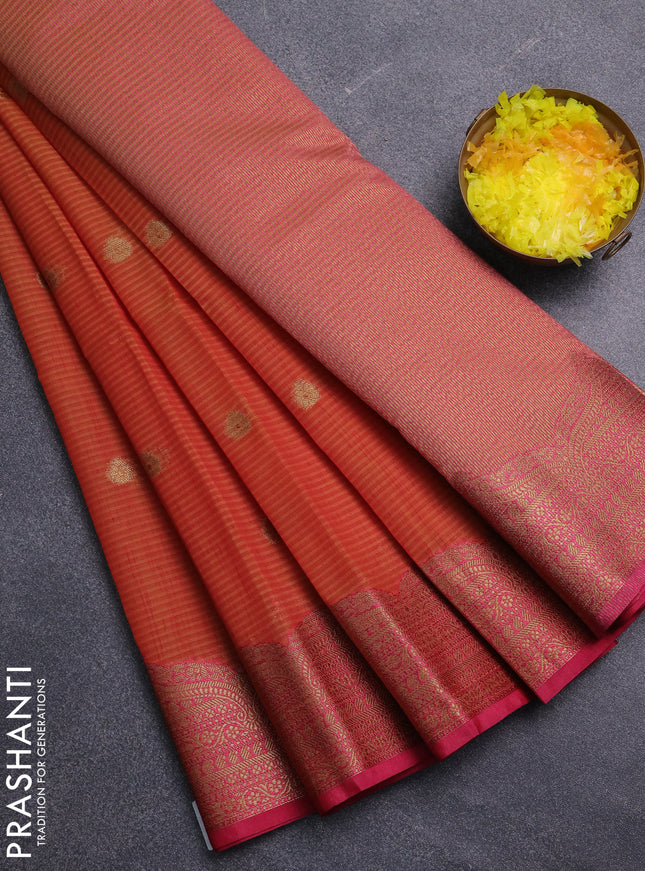Banarasi semi dupion saree sunset orange and pink with thread & zari woven buttas and zari woven border