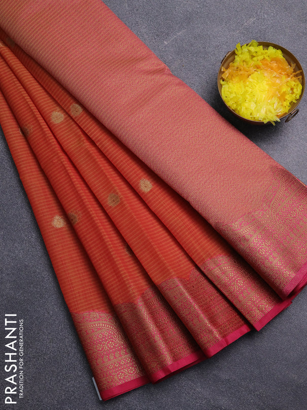 Banarasi semi dupion saree sunset orange and pink with thread & zari woven buttas and zari woven border