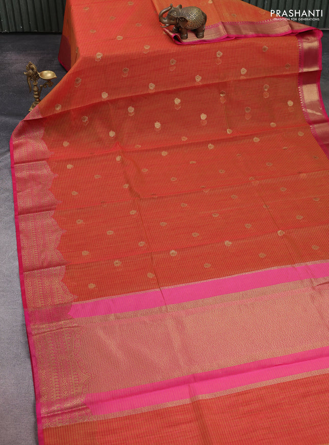 Banarasi semi dupion saree sunset orange and pink with thread & zari woven buttas and zari woven border