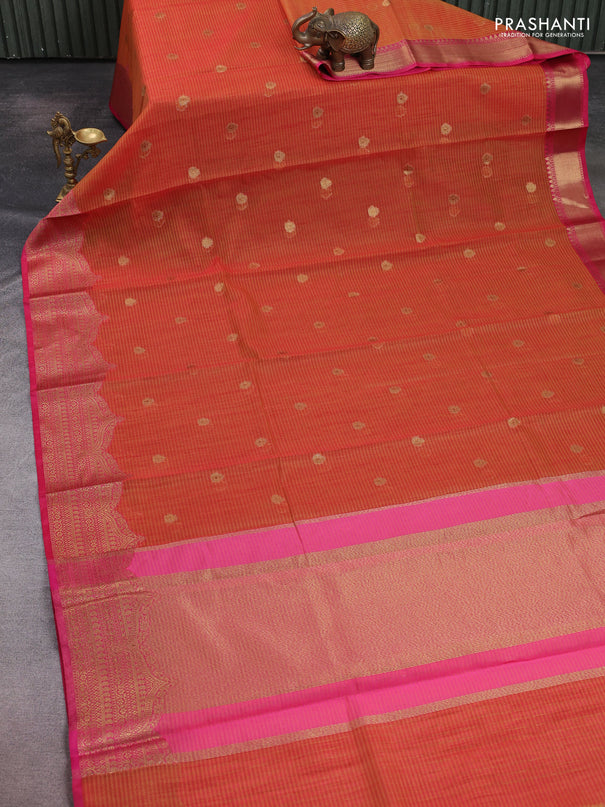 Banarasi semi dupion saree sunset orange and pink with thread & zari woven buttas and zari woven border