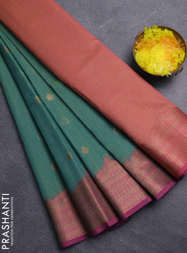 Banarasi semi dupion saree dual shade of greenish blue and pink with thread & zari woven buttas and zari woven border