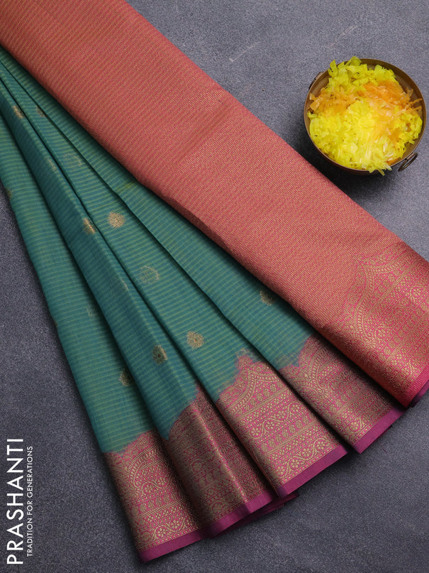 Banarasi semi dupion saree dual shade of greenish blue and pink with thread & zari woven buttas and zari woven border