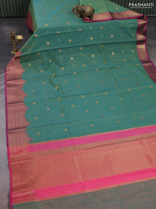 Banarasi semi dupion saree dual shade of greenish blue and pink with thread & zari woven buttas and zari woven border