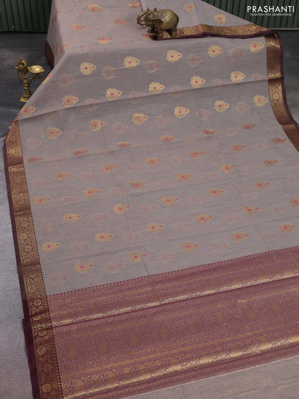 Banarasi semi dupion saree grey and brown with thread & zari woven buttas and zari woven border