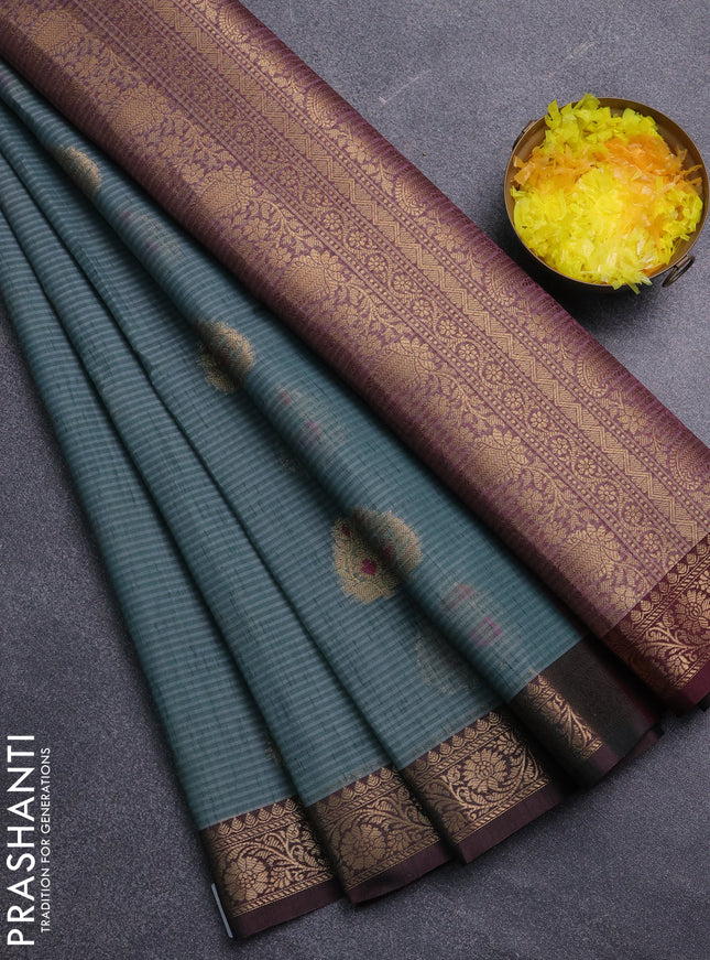 Banarasi semi dupion saree green and deep wine shade with thread & zari woven buttas and zari woven border