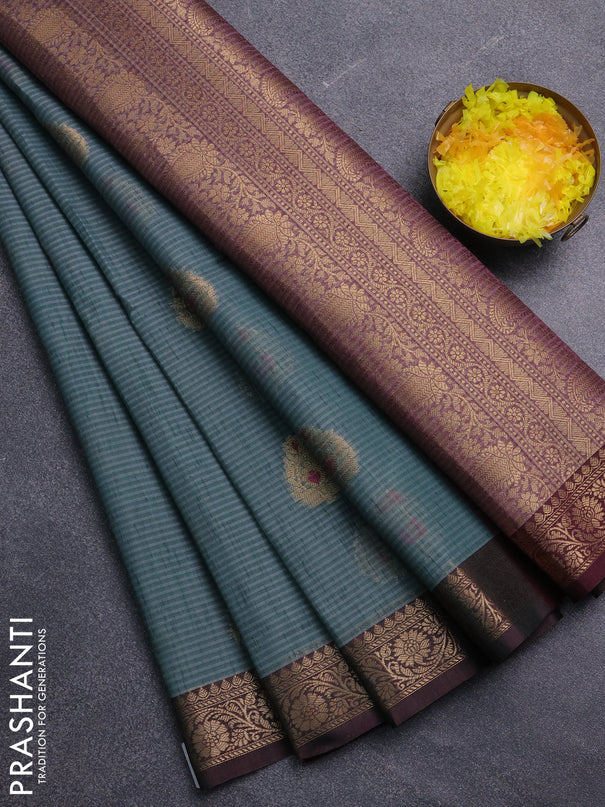 Banarasi semi dupion saree green and deep wine shade with thread & zari woven buttas and zari woven border