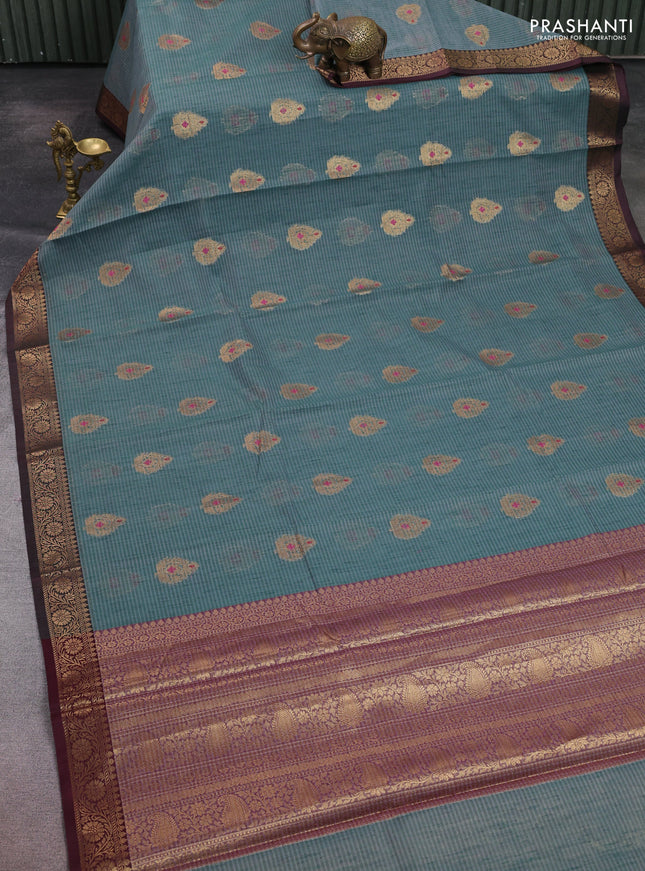 Banarasi semi dupion saree green and deep wine shade with thread & zari woven buttas and zari woven border