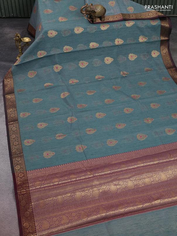 Banarasi semi dupion saree green and deep wine shade with thread & zari woven buttas and zari woven border