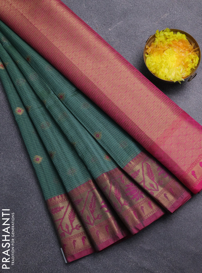 Banarasi semi dupion saree green and pink with thread & zari woven buttas and zari woven border