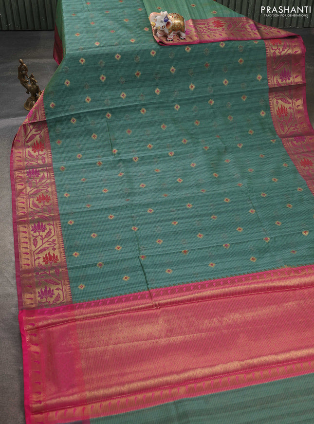 Banarasi semi dupion saree green and pink with thread & zari woven buttas and zari woven border