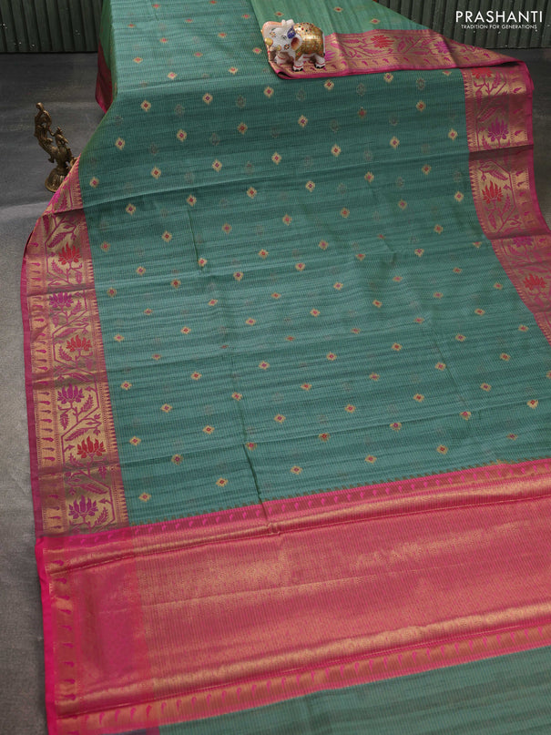 Banarasi semi dupion saree green and pink with thread & zari woven buttas and zari woven border