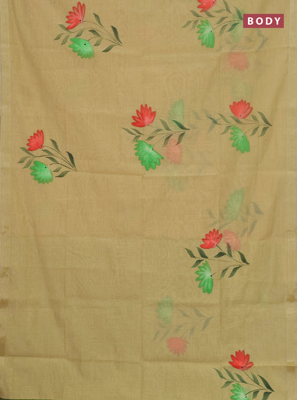 Linen cotton saree sandal and light green with floral hand paint prints and zari woven border