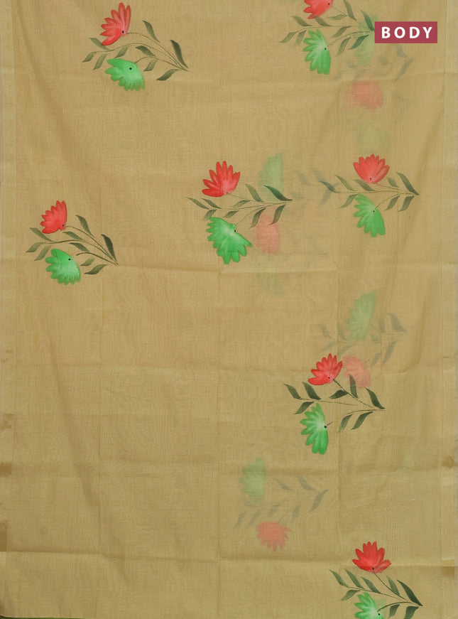 Linen cotton saree sandal and light green with floral hand paint prints and zari woven border