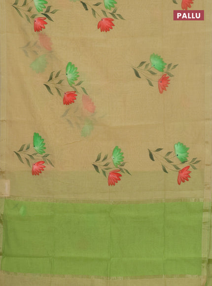 Linen cotton saree sandal and light green with floral hand paint prints and zari woven border
