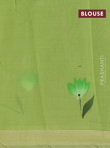 Linen cotton saree sandal and light green with floral hand paint prints and zari woven border