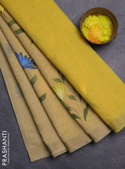 Linen cotton saree sandal and yellow with floral hand paint prints and zari woven border
