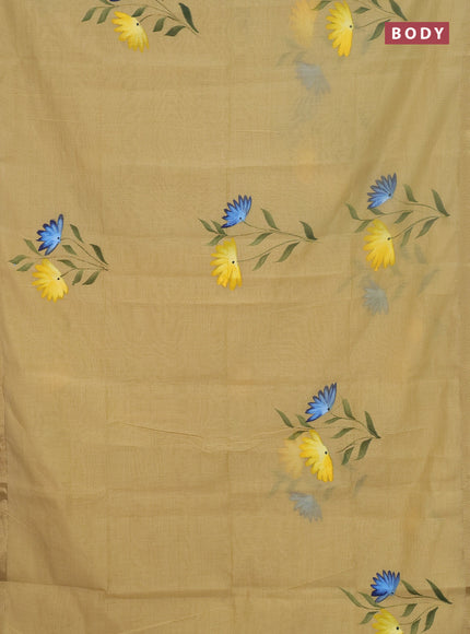 Linen cotton saree sandal and yellow with floral hand paint prints and zari woven border