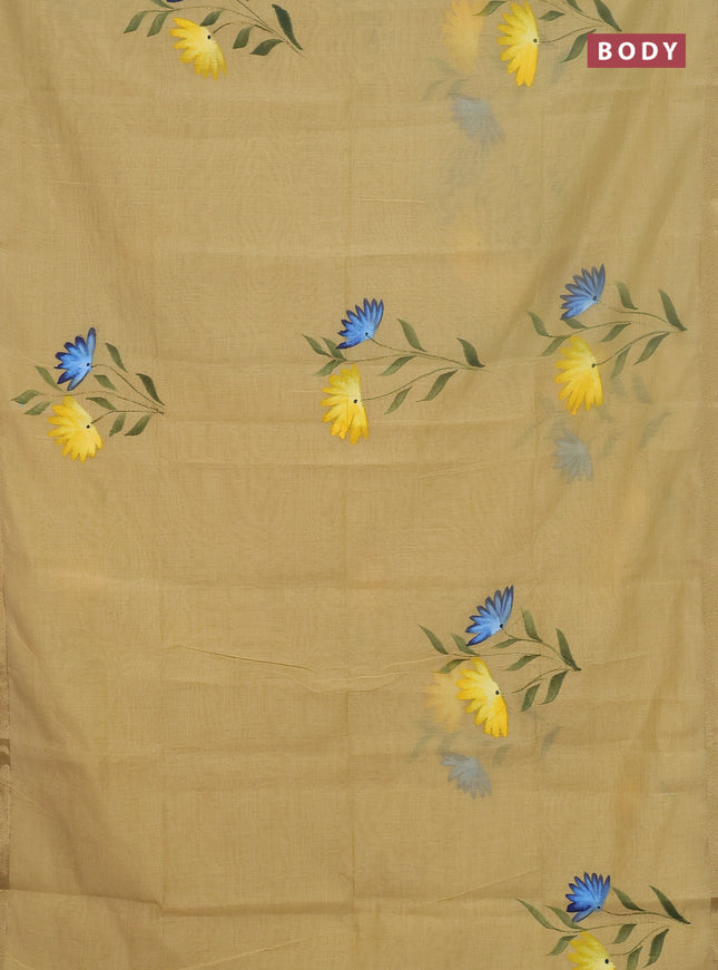 Linen cotton saree sandal and yellow with floral hand paint prints and zari woven border