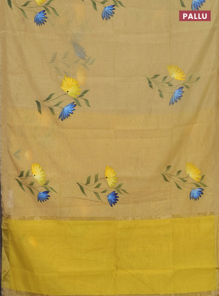 Linen cotton saree sandal and yellow with floral hand paint prints and zari woven border
