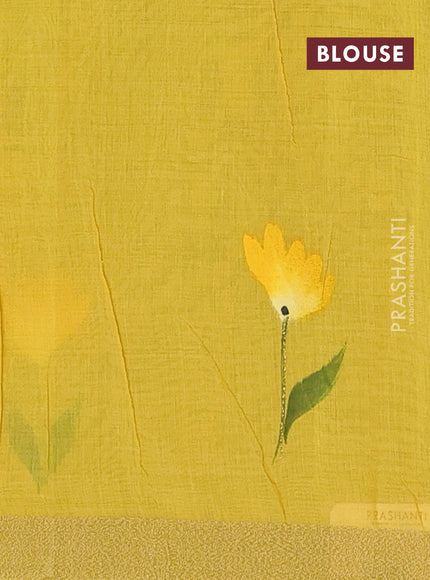 Linen cotton saree sandal and yellow with floral hand paint prints and zari woven border