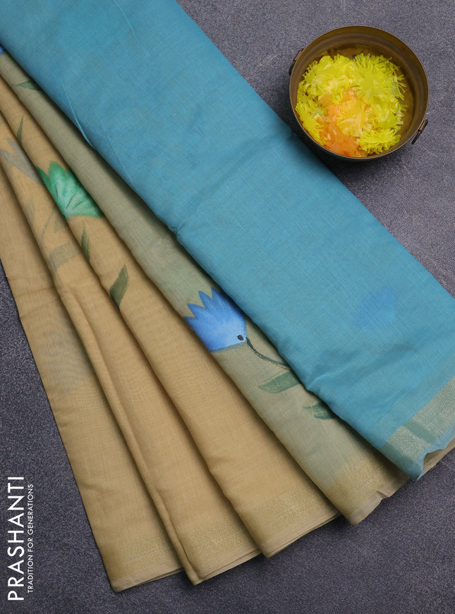 Linen cotton saree sandal and cs blue with floral hand paint prints and zari woven border