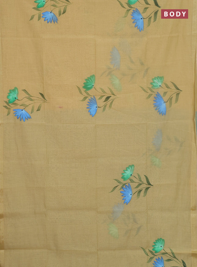 Linen cotton saree sandal and cs blue with floral hand paint prints and zari woven border