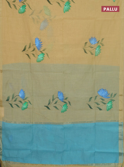 Linen cotton saree sandal and cs blue with floral hand paint prints and zari woven border